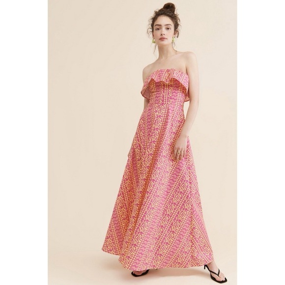 NWOT Anthropologie Kahindo Strapless Ruffled Pink & Yellow Maxi Dress Size Large - Picture 4 of 12